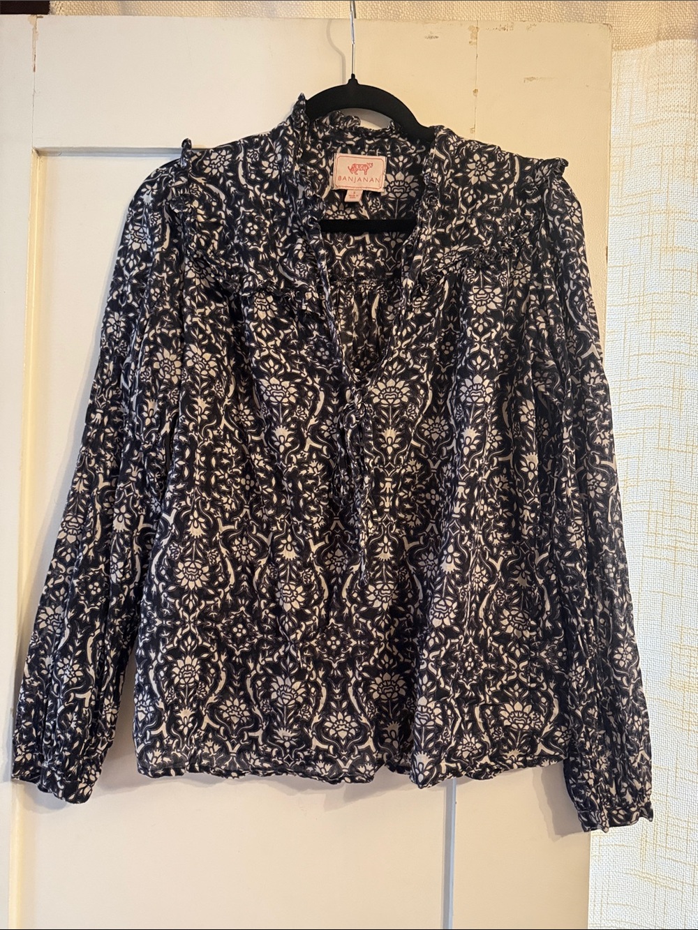 Banjanan Printed Ruffled Long-Sleeve Blouse with Neck Tie